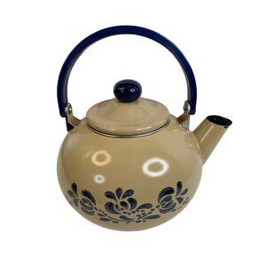 VTG 90s Pfaltzgraff Folk Art Tea Kettle Porcelain Enamel On Steel Farmhouse